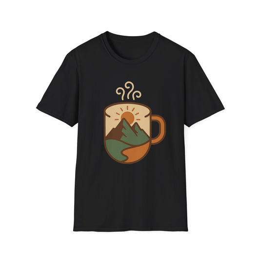 Coffee Cup Mountain Scene -  Funny Coffee T-Shirt