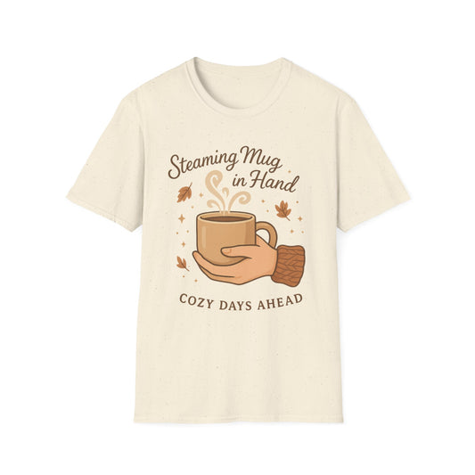 Steaming Mug In Hand -  Funny Coffee T-Shirt